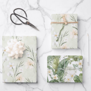 Mint White Cream Hibiscus Floral Bridal Shower Wrapping Paper Sheet