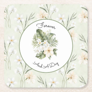 Mint White Cream Hibiscus Orchid Floral Wedding Square Paper Coaster