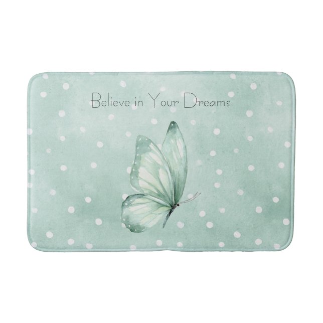 Mint White Dots Butterfly Believe Bath Mat (Front)