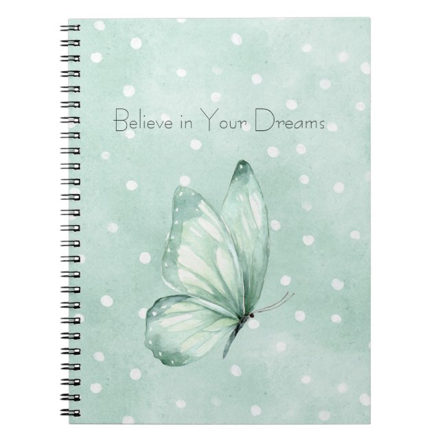 Mint White Dots Butterfly Believe Notebook (Front)