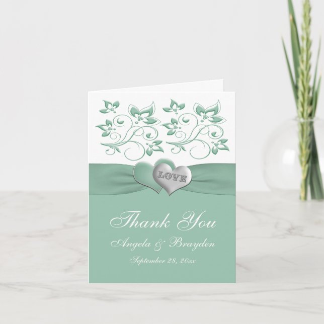 Mint, White Floral Hearts PHOTO Thank You Card (Front)