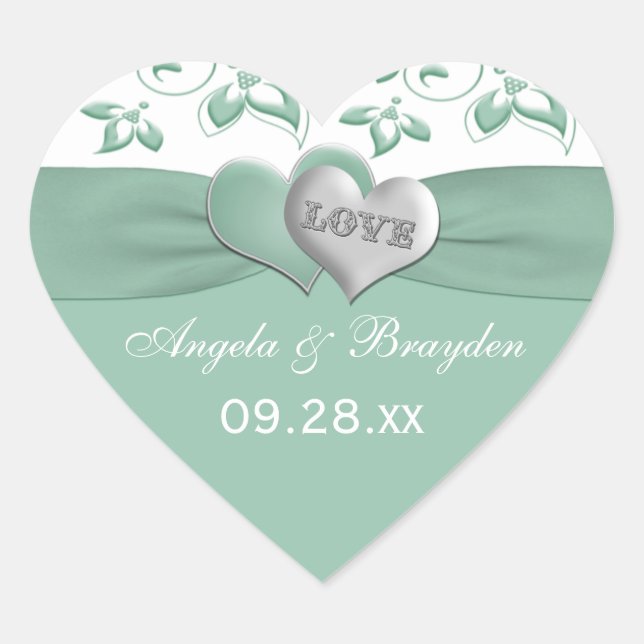 Mint, White Floral Hearts Wedding Favour Sticker (Front)