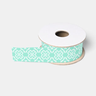 Mint & White Floral Lattice Pattern Grosgrain Ribbon