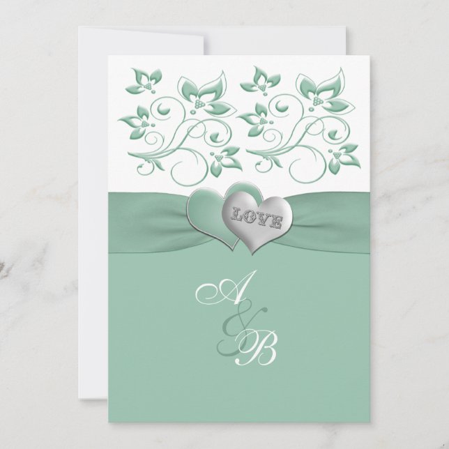 Mint, White Floral PRINTED Ribbon Wedding Invite (Front)