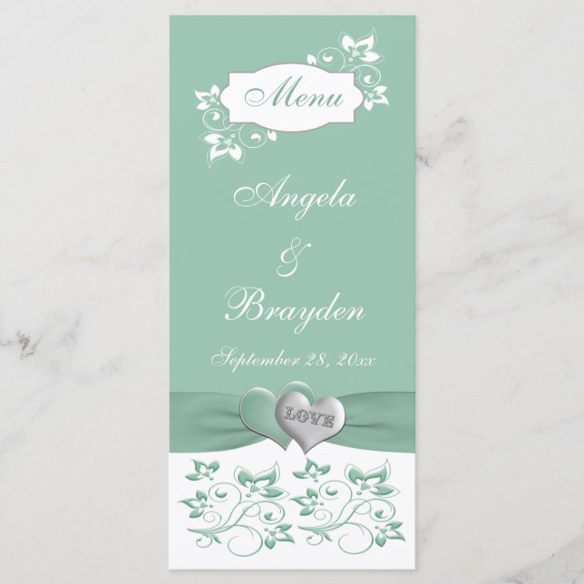 Mint, White Floral Wedding Menu Card (Front)
