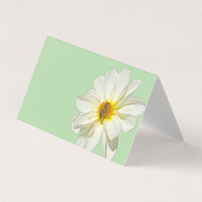 Mint White Flower & Honeybee Folded Business Card (Front)
