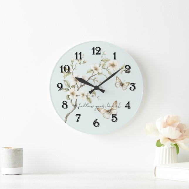 Mint White Flowers Butterflies  Large Clock (Home)