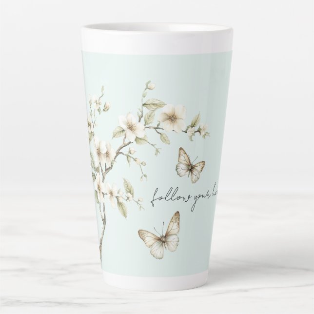 Mint White Flowers Butterflies  Latte Mug (Front)