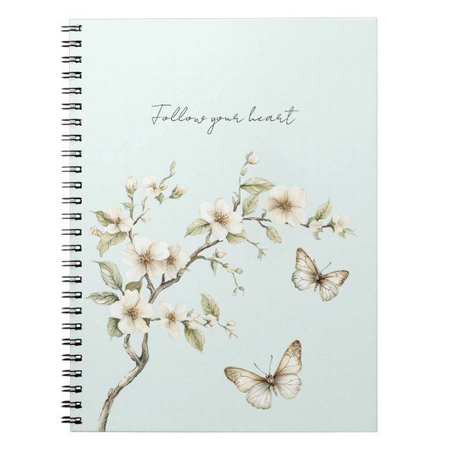 Mint White Flowers Butterflies   Notebook (Front)