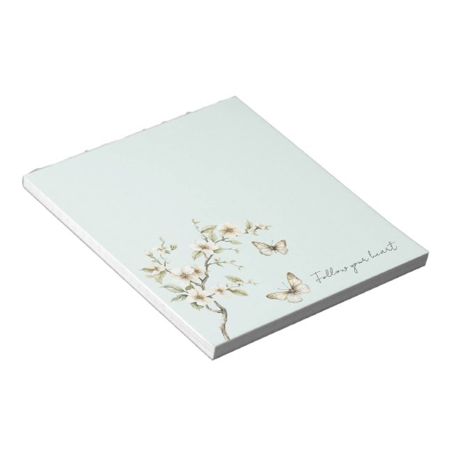 Mint White Flowers Butterflies   Notepad (Angled)