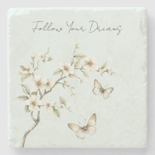 Mint White Flowers Butterflies Stone Coaster