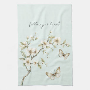 Mint White Flowers Butterflies Tea Towel