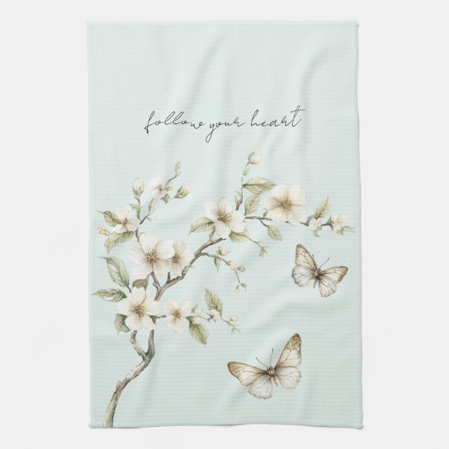 Mint White Flowers Butterflies  Tea Towel (Vertical)