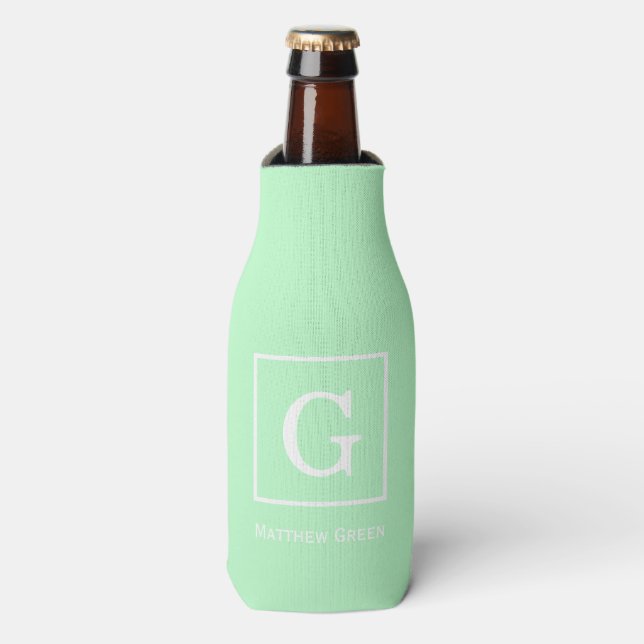 Mint White Framed Initial Monogram Bottle Cooler (Bottle Front)