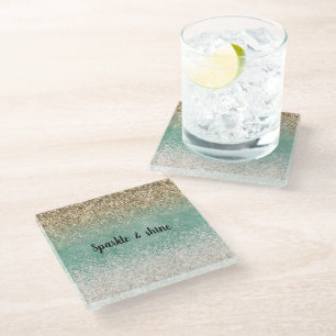 Mint White Glam Gold Sparkle Glitter Glass Coaster