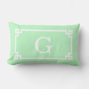 Mint White Greek Key Frame #2 Initial Monogram Lumbar Cushion