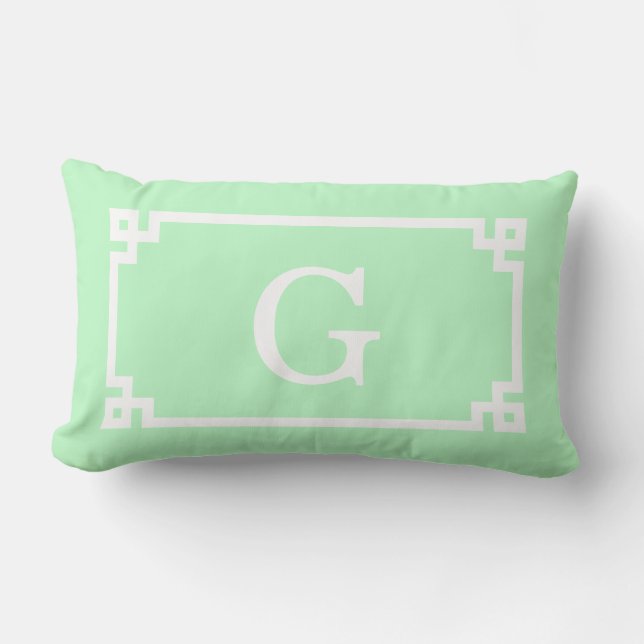 Mint White Greek Key Frame #2 Initial Monogram Lumbar Cushion (Front)