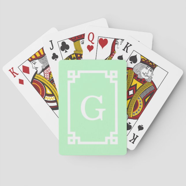 Mint White Greek Key Frame #2 Initial Monogram Playing Cards (Back)