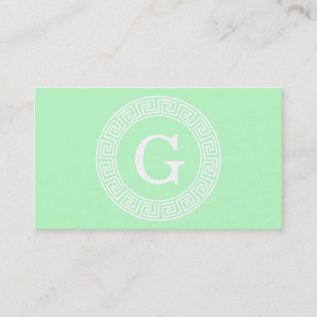 Mint White Greek Key Rnd Frame Initial Monogram Business Card (Front)