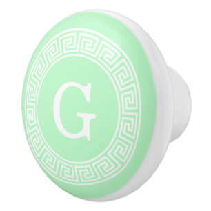Mint White Greek Key Rnd Frame Initial Monogram Ceramic Knob