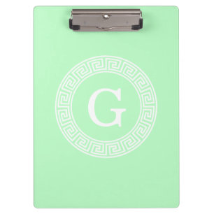 Mint White Greek Key Rnd Frame Initial Monogram Clipboard