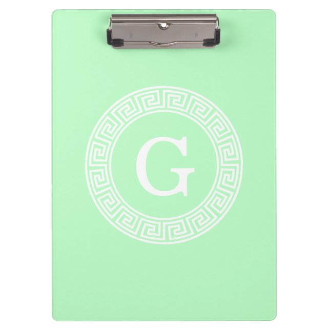 Mint White Greek Key Rnd Frame Initial Monogram Clipboard (Front)