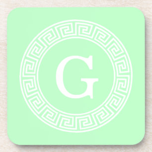 Mint White Greek Key Rnd Frame Initial Monogram Coaster