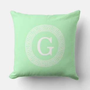 Mint White Greek Key Rnd Frame Initial Monogram Cushion