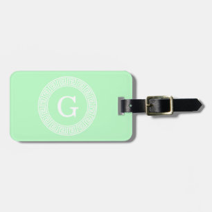 Mint White Greek Key Rnd Frame Initial Monogram Luggage Tag