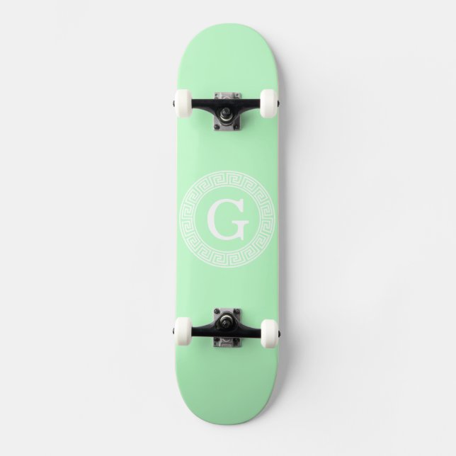 Mint White Greek Key Rnd Frame Initial Monogram Skateboard (Front)