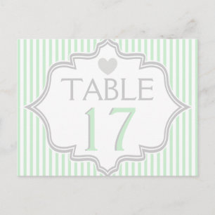 Mint, white, grey stripes wedding table number postcard