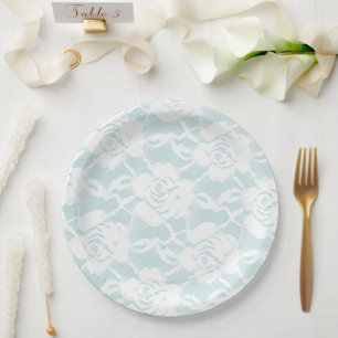 Mint White Lace Roses Floral Paper Plate