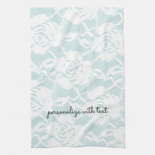 Mint White Lace Roses Floral Tea Towel (Vertical)