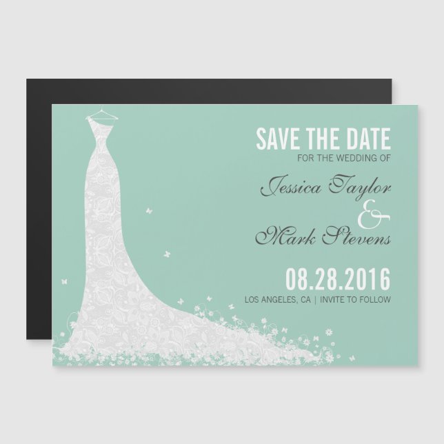 Mint & White Lace Wedding Dress Save The Date Magnetic Invitation (Front/Back)