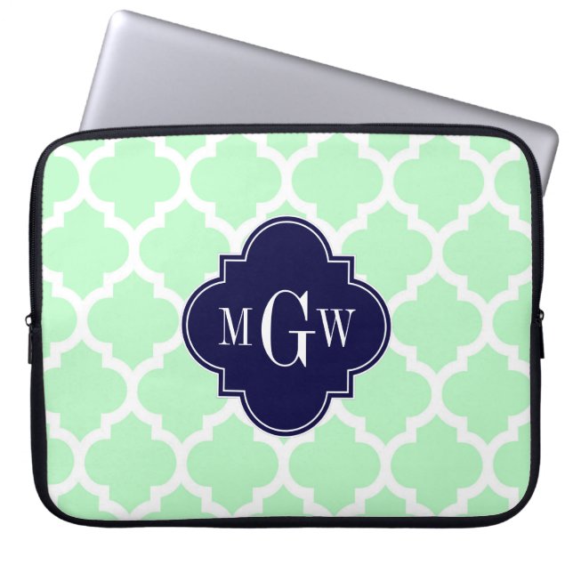 Mint, White Moroccan #5 Navy 3 Initial Monogram Laptop Sleeve (Front)