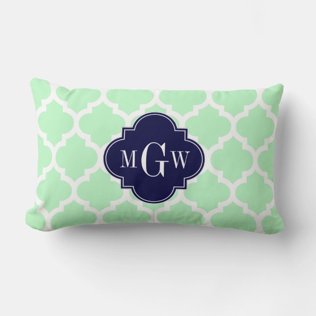 Mint, White Moroccan #5 Navy 3 Initial Monogram Lumbar Cushion (Front)