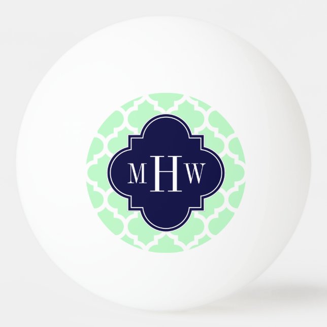 Mint, White Moroccan #5 Navy 3 Initial Monogram Ping Pong Ball (Front)