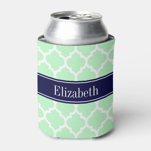 Mint White Moroccan #5 Navy Blue Name Monogram Can Cooler (Can Front)