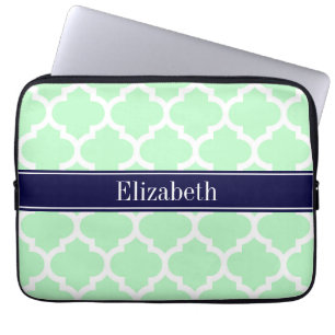 Mint White Moroccan #5 Navy Blue Name Monogram Laptop Sleeve