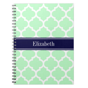 Mint White Moroccan #5 Navy Blue Name Monogram Spiral Notebook