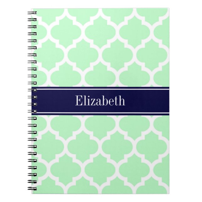 Mint White Moroccan #5 Navy Blue Name Monogram Spiral Notebook (Front)
