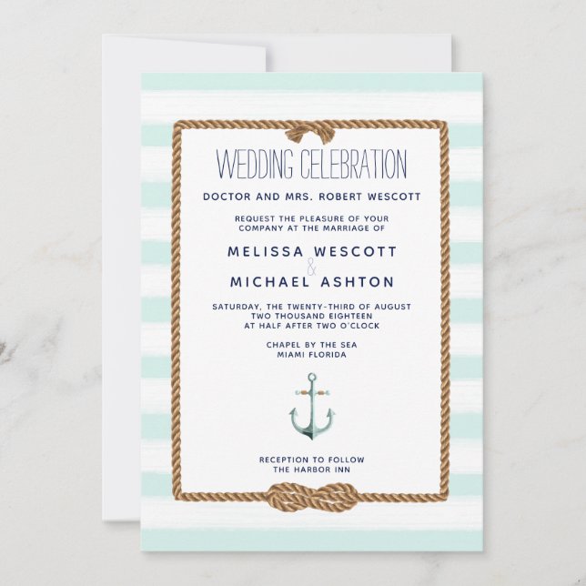 Mint & White Watercolor Nautical Knot Wedding Invitation (Front)