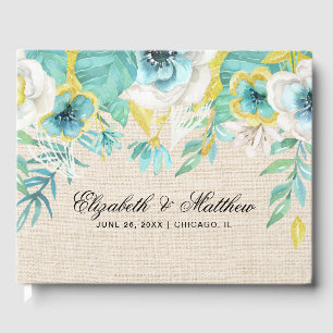 Mint White Yellow Floral Burlap Texture Wedding Guest Book