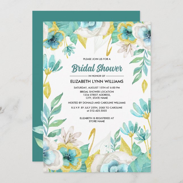 Mint White Yellow Floral Watercolor Bridal Shower  Invitation (Front/Back)