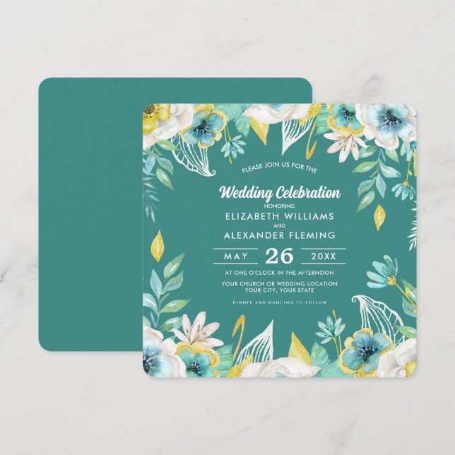 Mint White Yellow Floral Watercolor Wedding  Invitation (Front/Back)