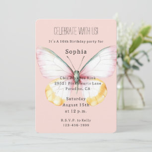 Mint White Yellow Pink Teal Butterfly Birthday   Invitation