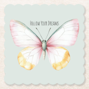 Mint White Yellow Pink Teal Butterfly Paper Coaster