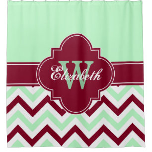 Mint Wht Burgundy LG Chevron 1ICBR Name Monogram Shower Curtain