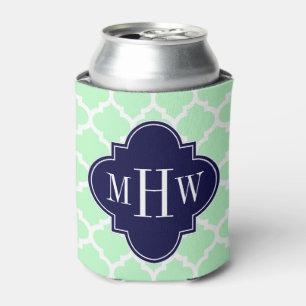 Mint Wht Moroccan #5 Navy Blue 3 Initial Monogram Can Cooler
