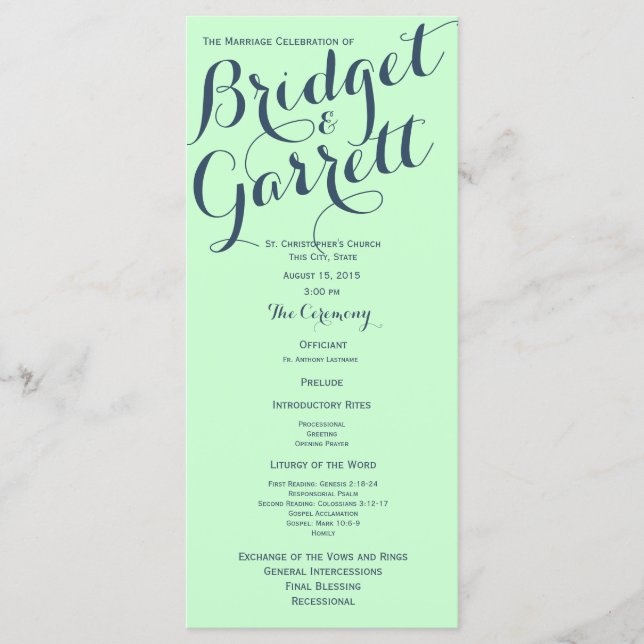 Mint with Blue Text Design Wedding Program Programme (Front)